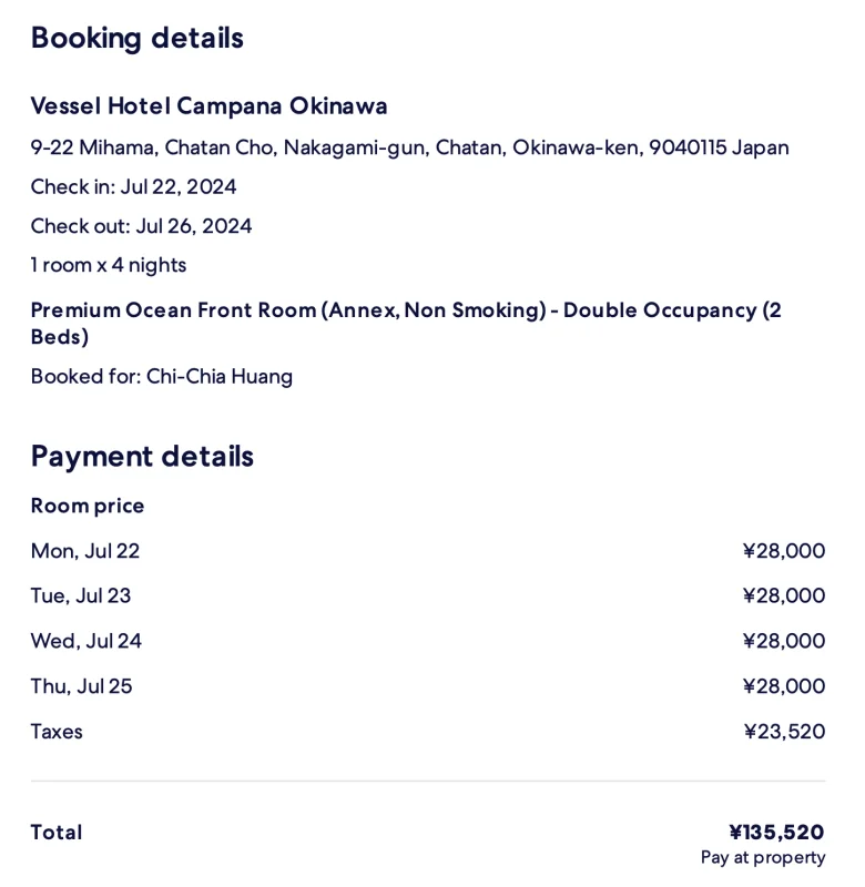 Hotel booking details