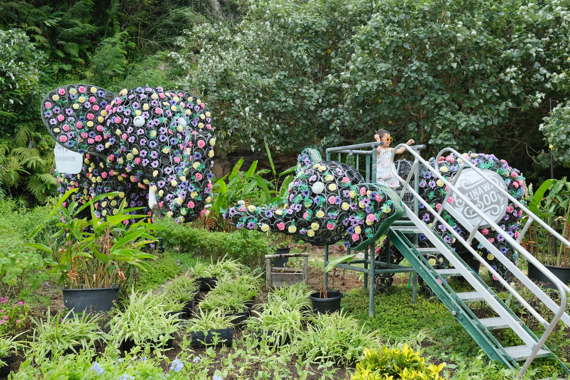 Taking a photo with the flowery elephant